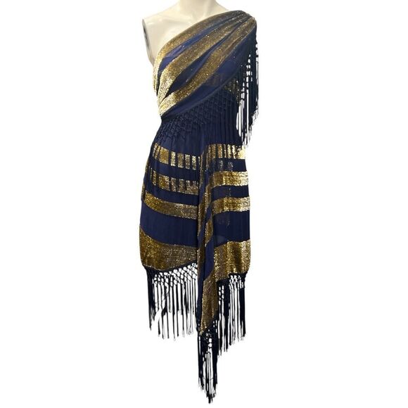 Alice McCall Dress 4 Akima Blue Gold Silk Fringe One Shoulder Party Cocktail - Picture 2 of 8